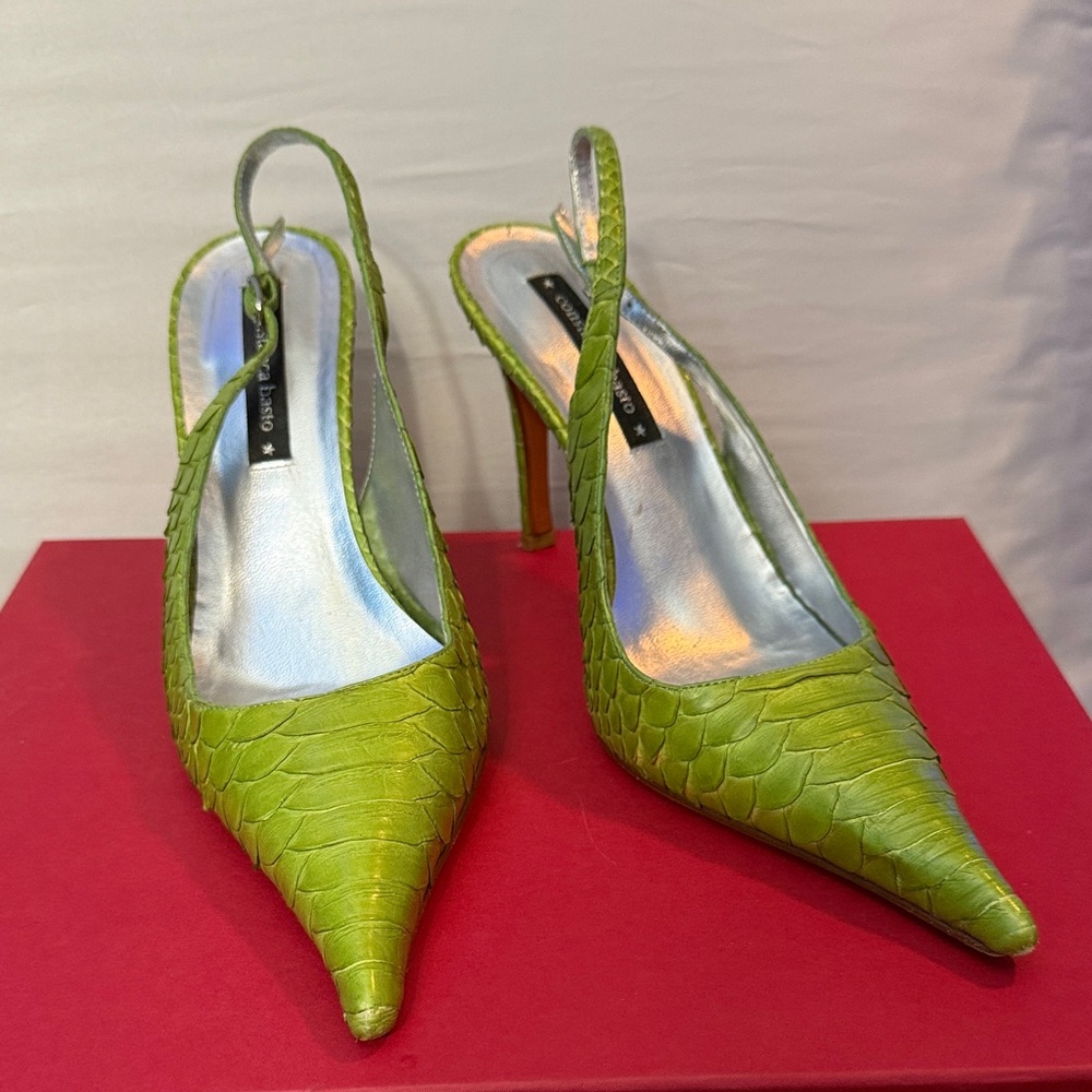 Lime Green Textured Slingback Heels